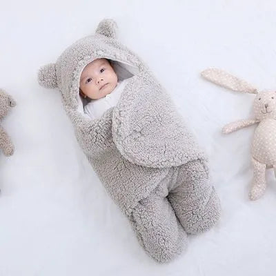 Baby newborn thickened out wrap swaddle sleeping bag in blue lamb wool, suitable for winter, size 0-3 months.
