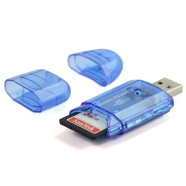 Transparent USB card reader for SD and MS memory cards with optional LED light, shown with card holder.
