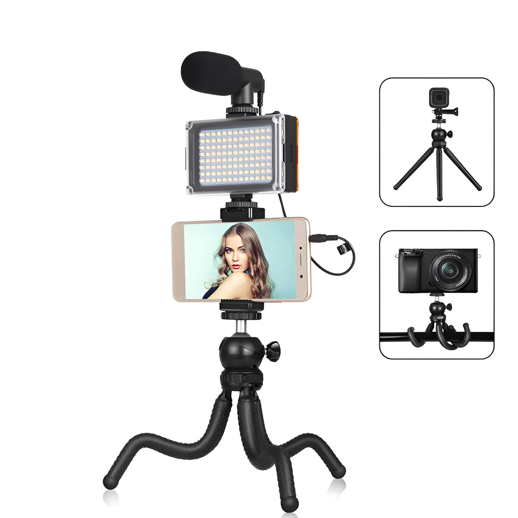 Black octopus tripod broadcast kit with flexible legs, fill light, and microphone for iPhone