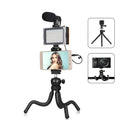 Black octopus tripod broadcast kit with flexible legs, fill light, and microphone for iPhone