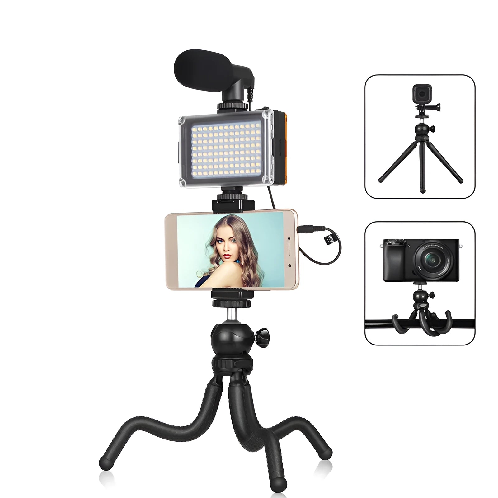 Black octopus tripod broadcast kit with flexible legs, fill light, and microphone for iPhone