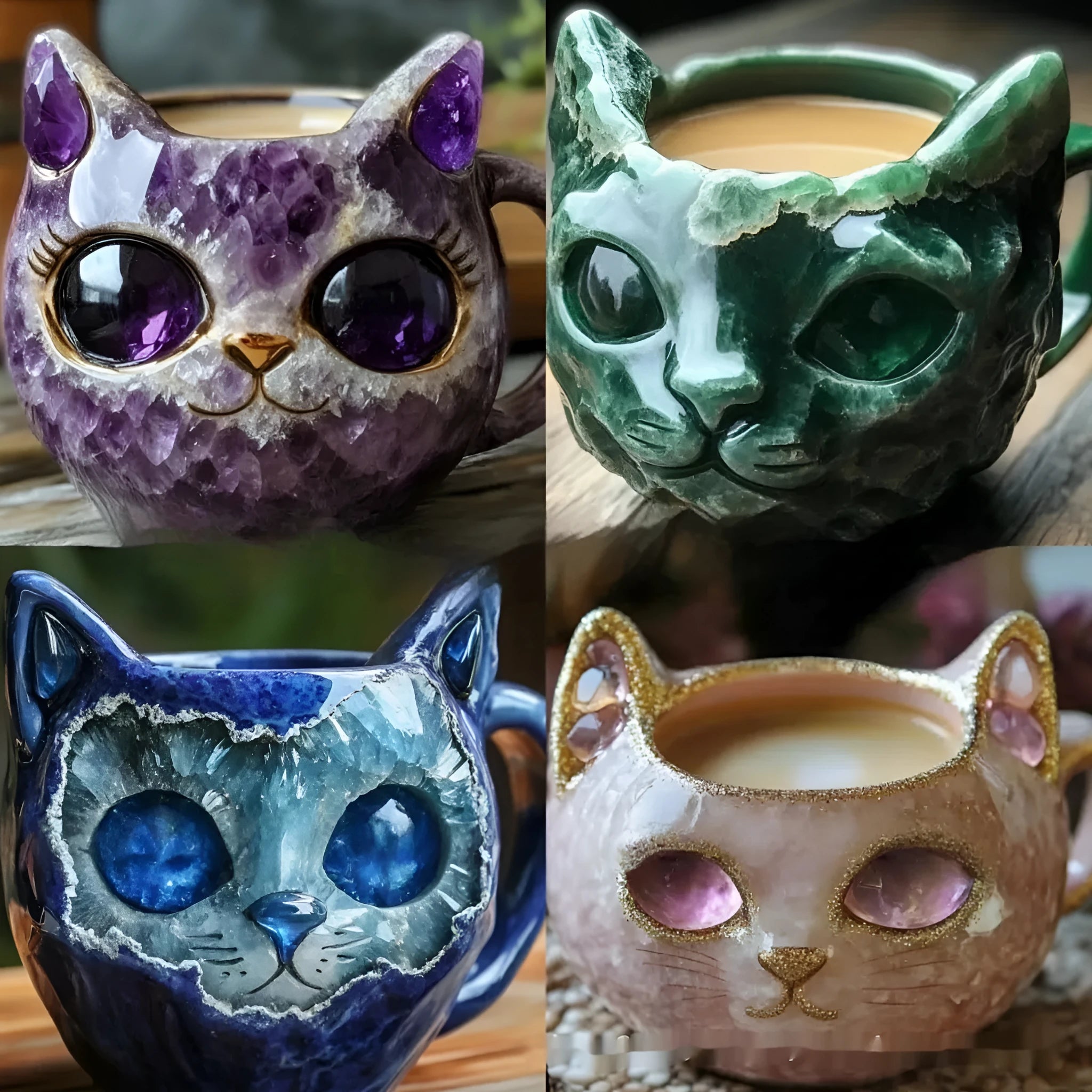 Purple geode mug with crystal cat design made from synthetic resin crafts material