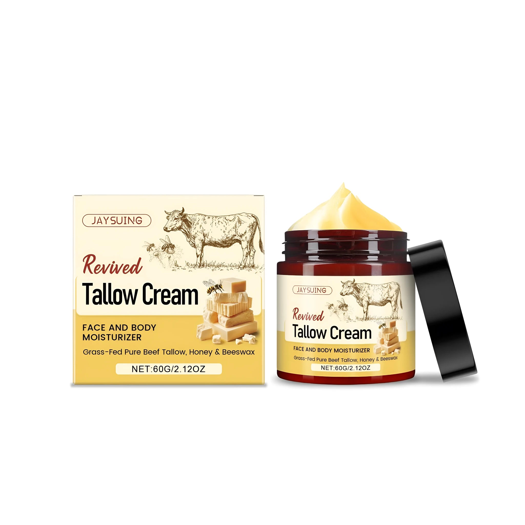 60g jar of Revived Tallow moisturising cream with tallow honey beeswax olive oil ingredients