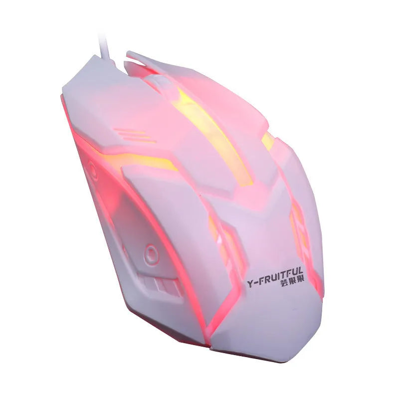 Wired LED computer mouse with glowing effects in black or white, showing 120mm size and USB cable