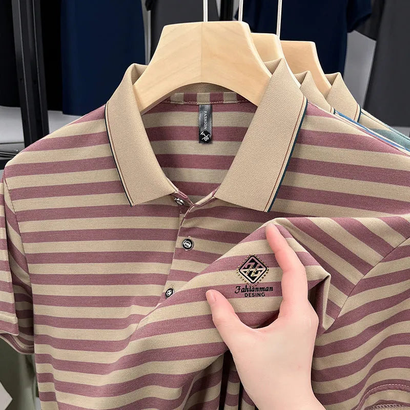 Man modelling a red striped short sleeve casual shirt with mosaic pattern detail.