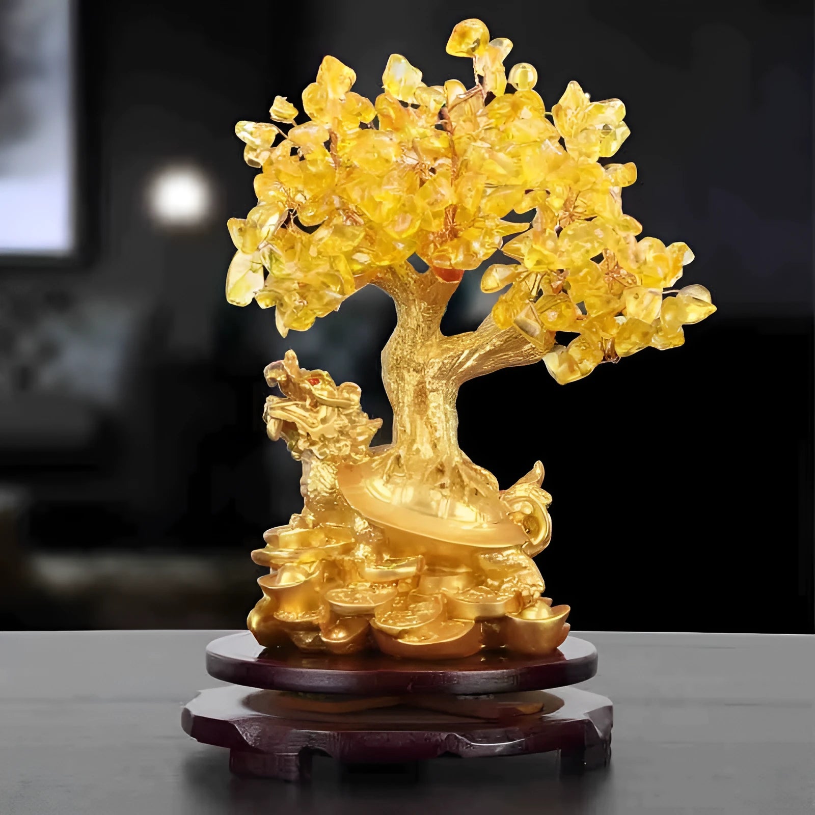 Citrine colour resin Feng Shui turtle money tree ornament in Chinese style