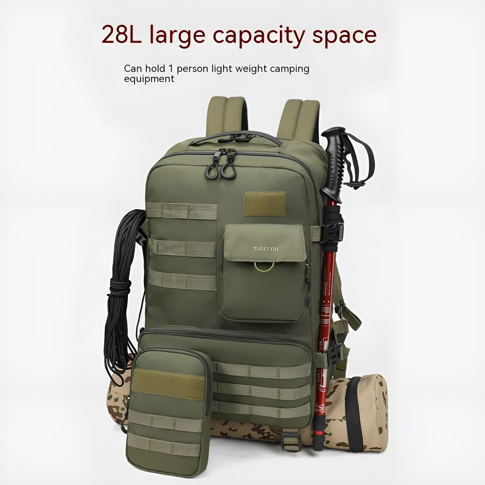 Army green tactical backpack with 17-inch height shown outdoors, highlighting its wear-resistant nylon construction.