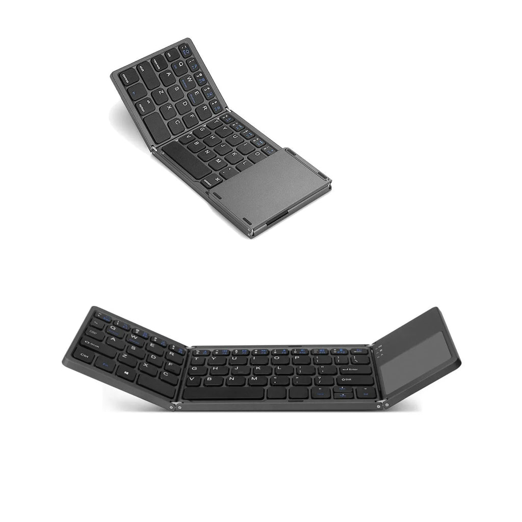 Black tri-fold Bluetooth keyboard shown open next to a smartphone, highlighting its slim 0.8cm profile.