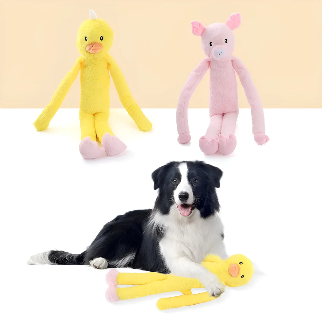 Large pink and yellow plush dog toy with squeaker and crinkle sounds for golden retrievers