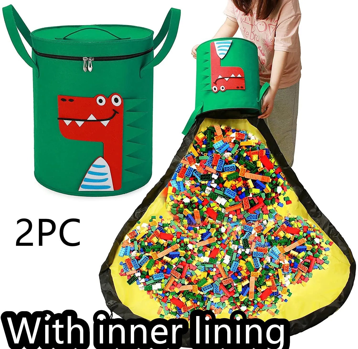 Green felt cube storage bag with pull rope shown as both a toy play mat and closed storage container
