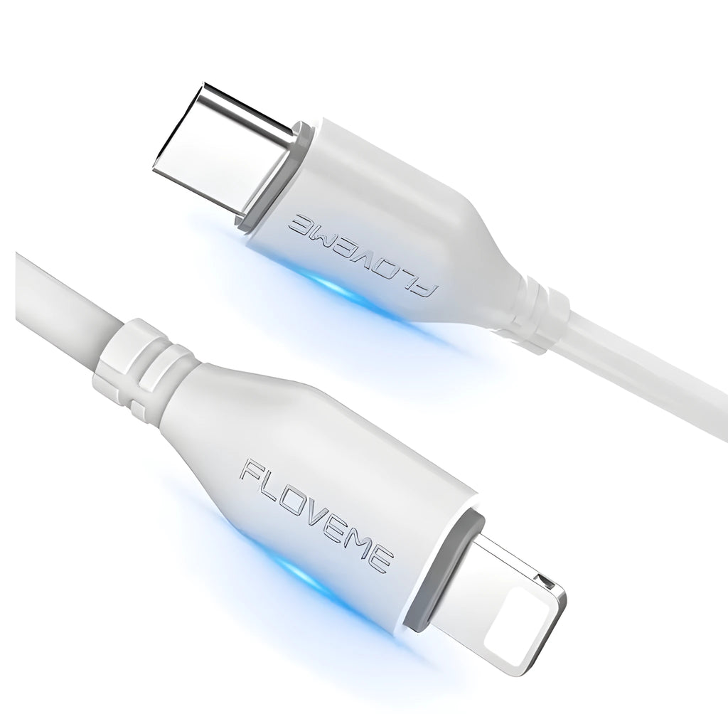 White braided USB-C to Lightning cable with reinforced connectors measuring 1 metre