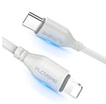 White braided USB-C to Lightning cable with reinforced connectors measuring 1 metre