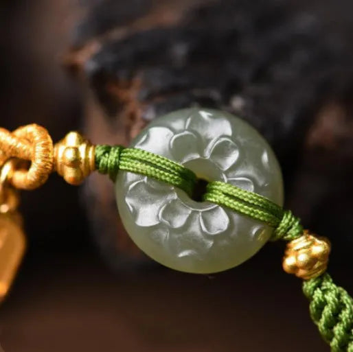 Hand-woven corn knot women's bracelet with Hetian jade peace buckle and silver safety buckle closure