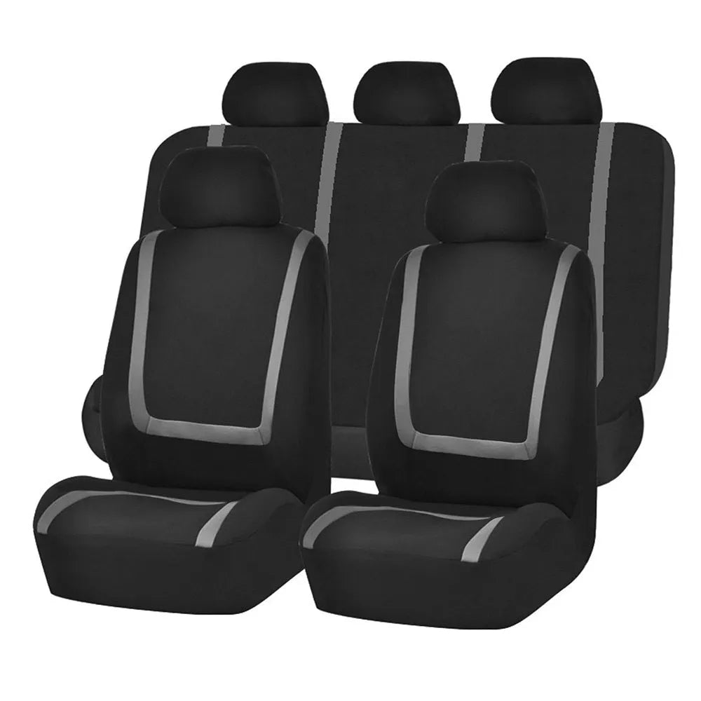 Universal fabric car seat cover set showing headrest and seat panels in a two-tone colour option