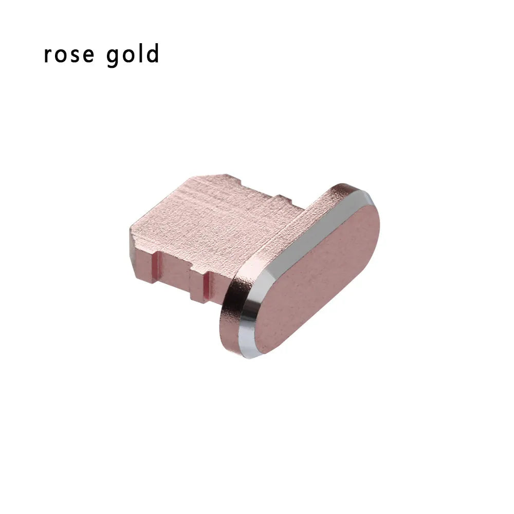 Aluminium alloy dust plug for iPhone charging port in various colours including gold, silver, blue, and rose gold.