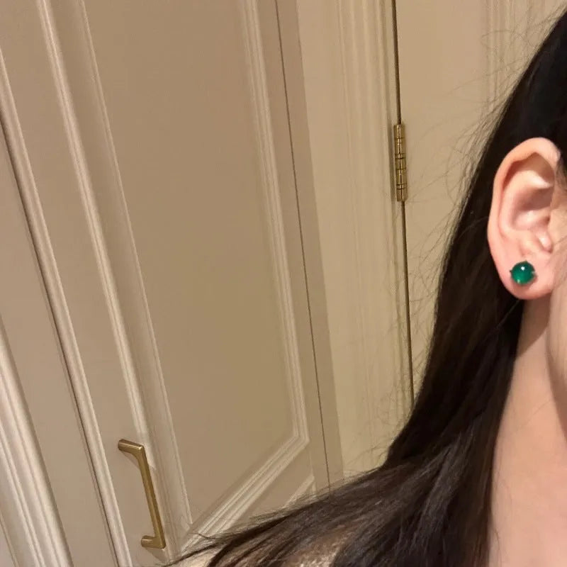 Chinese style chalcedony stud earrings with four-claw copper settings in three colour options