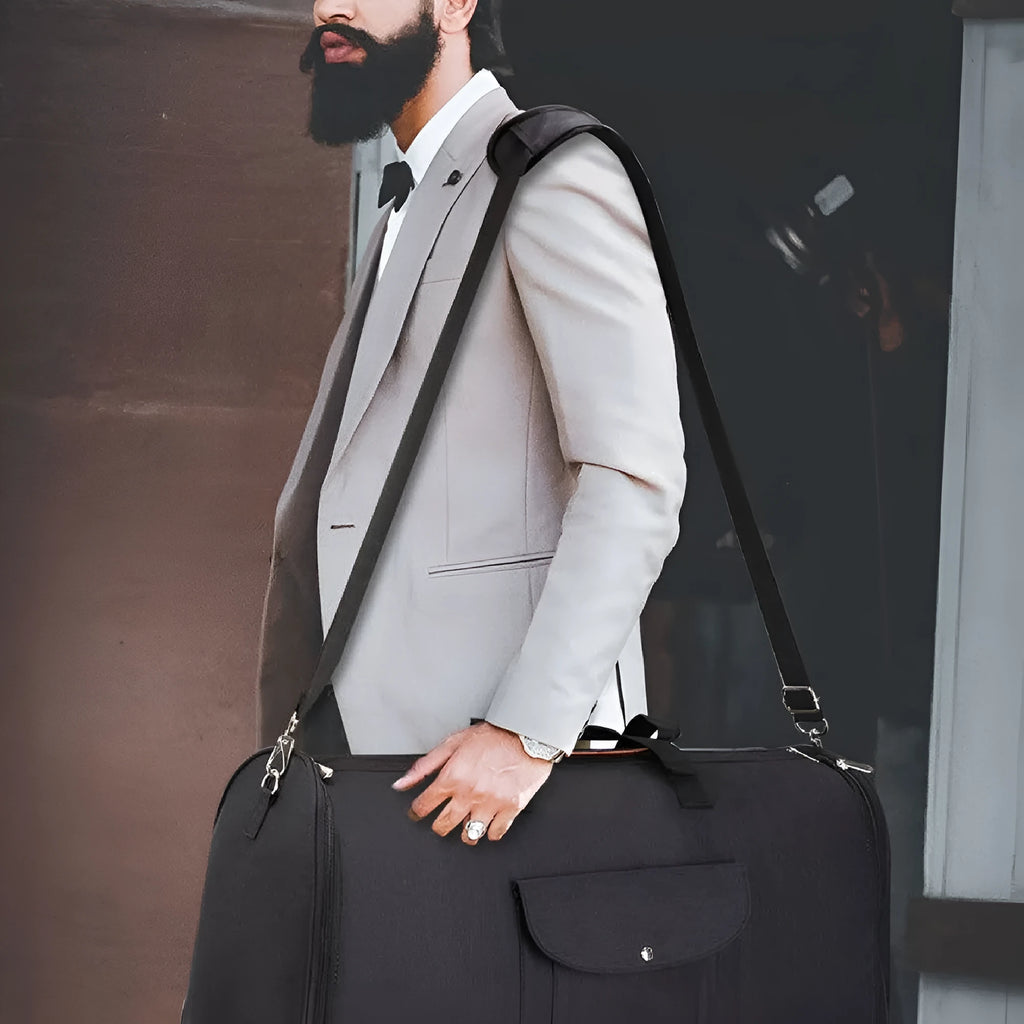 Dark blue folding duffel bag made from oxford cloth, shown with capacity for travel and gym use.