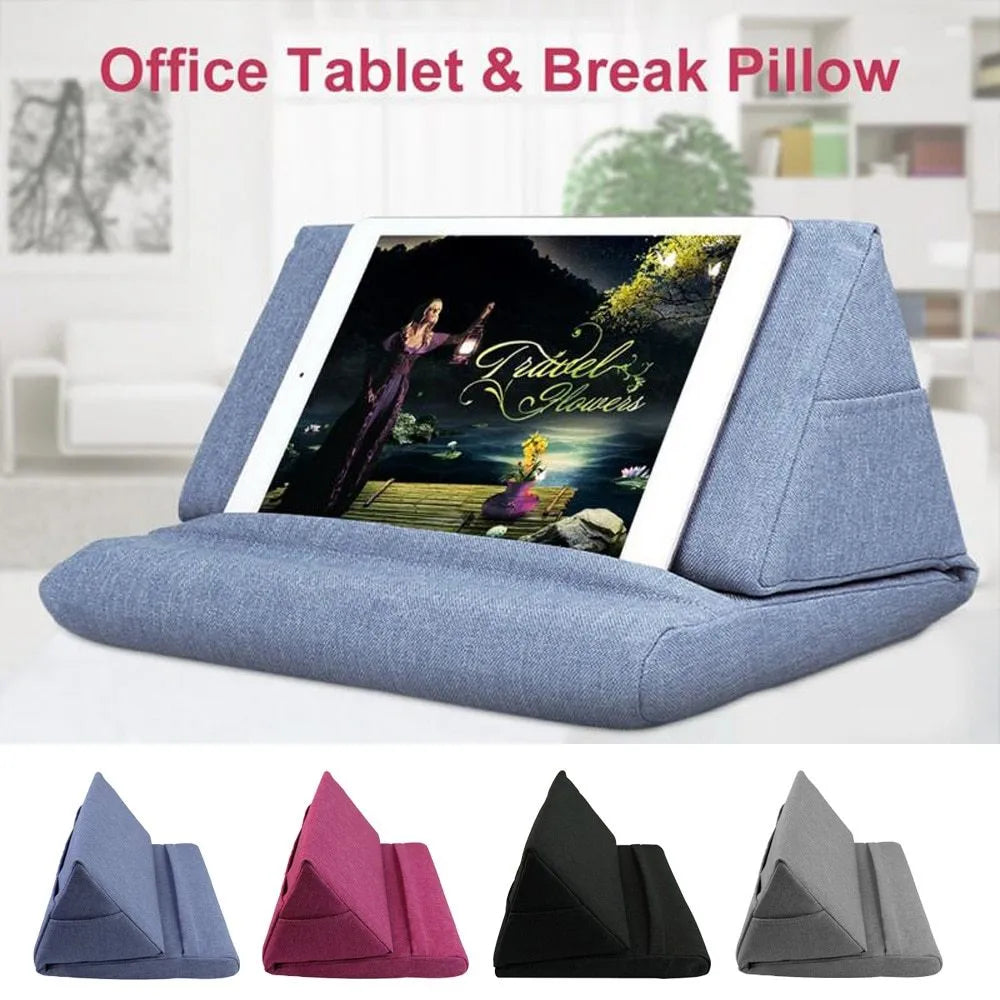 Candy-shaped tablet and phone support pillow with slow rebound fill, beige colour, on a bed