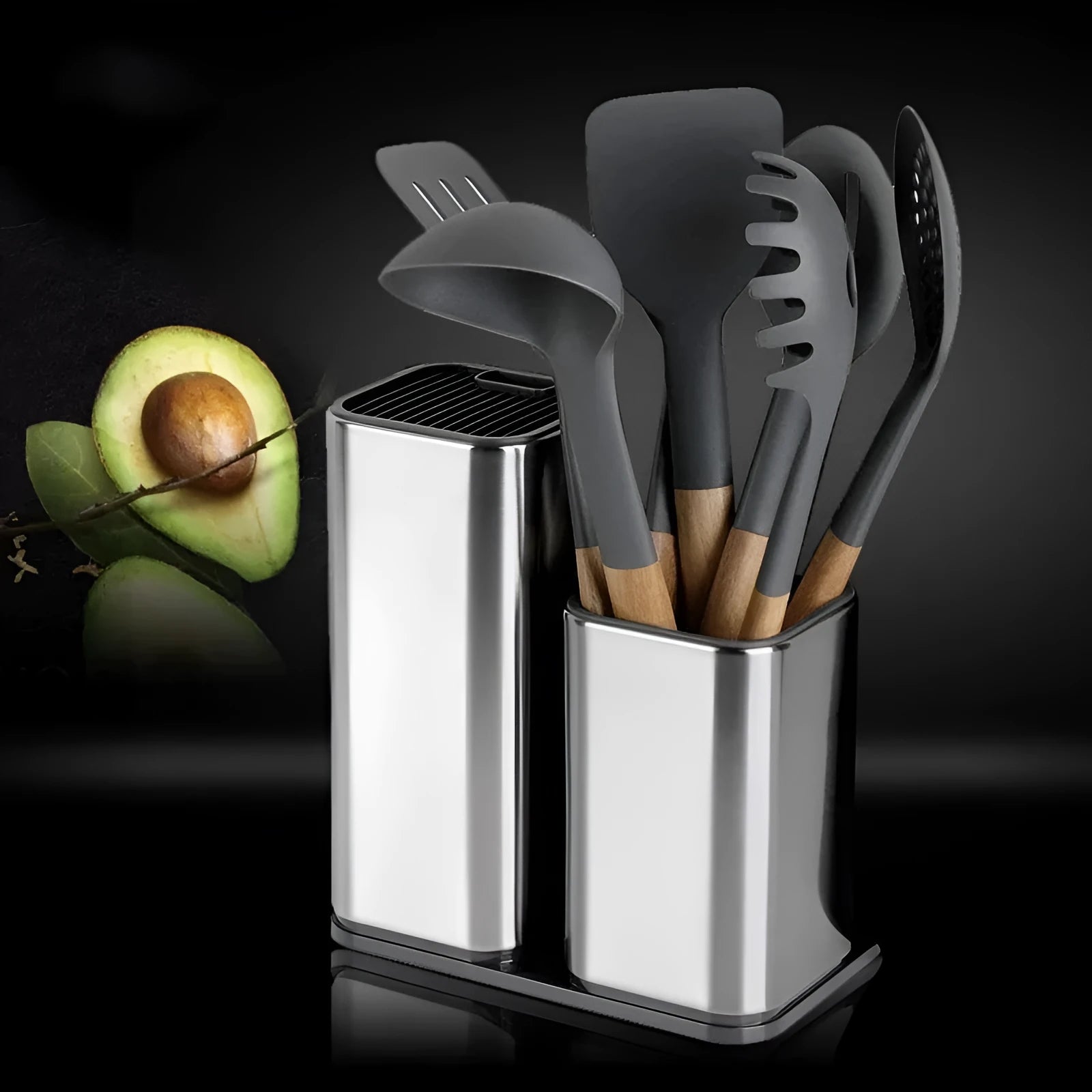 Black and white PP kitchen tool holder with detachable base, holding knives and utensils.