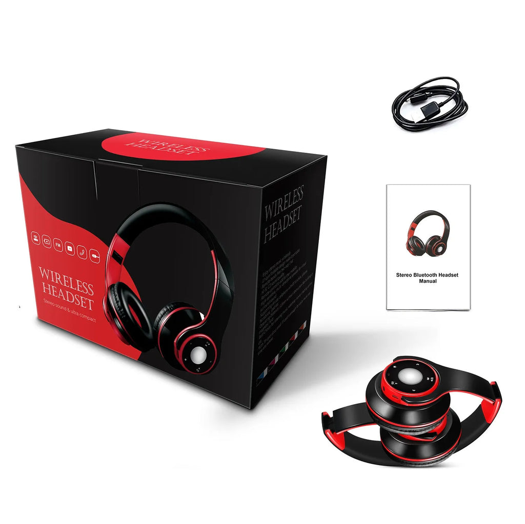 Blue foldable Bluetooth headset with adjustable hinges showing 3.5mm jack and USB port