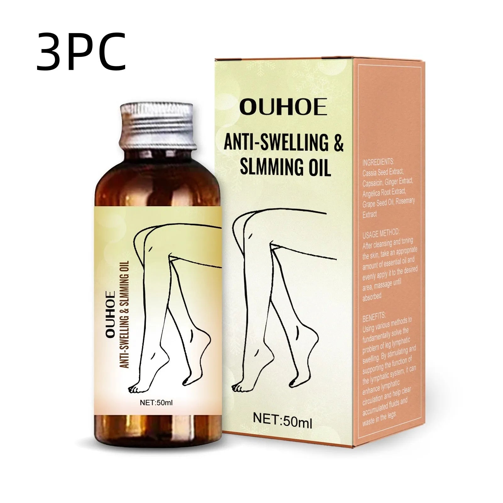 50ml bottle of moisturising body oil with six botanical extracts for skin care and leg massage