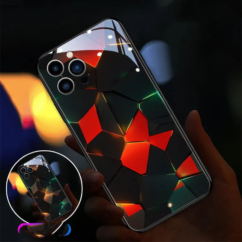 Xpress 14 tempered glass iPhone case with yellow diamond grid design showing light alert feature.