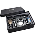 CSB men's shaving set with badger hair brush, chrome razor stand, and zinc alloy soap bowl in black gift box.