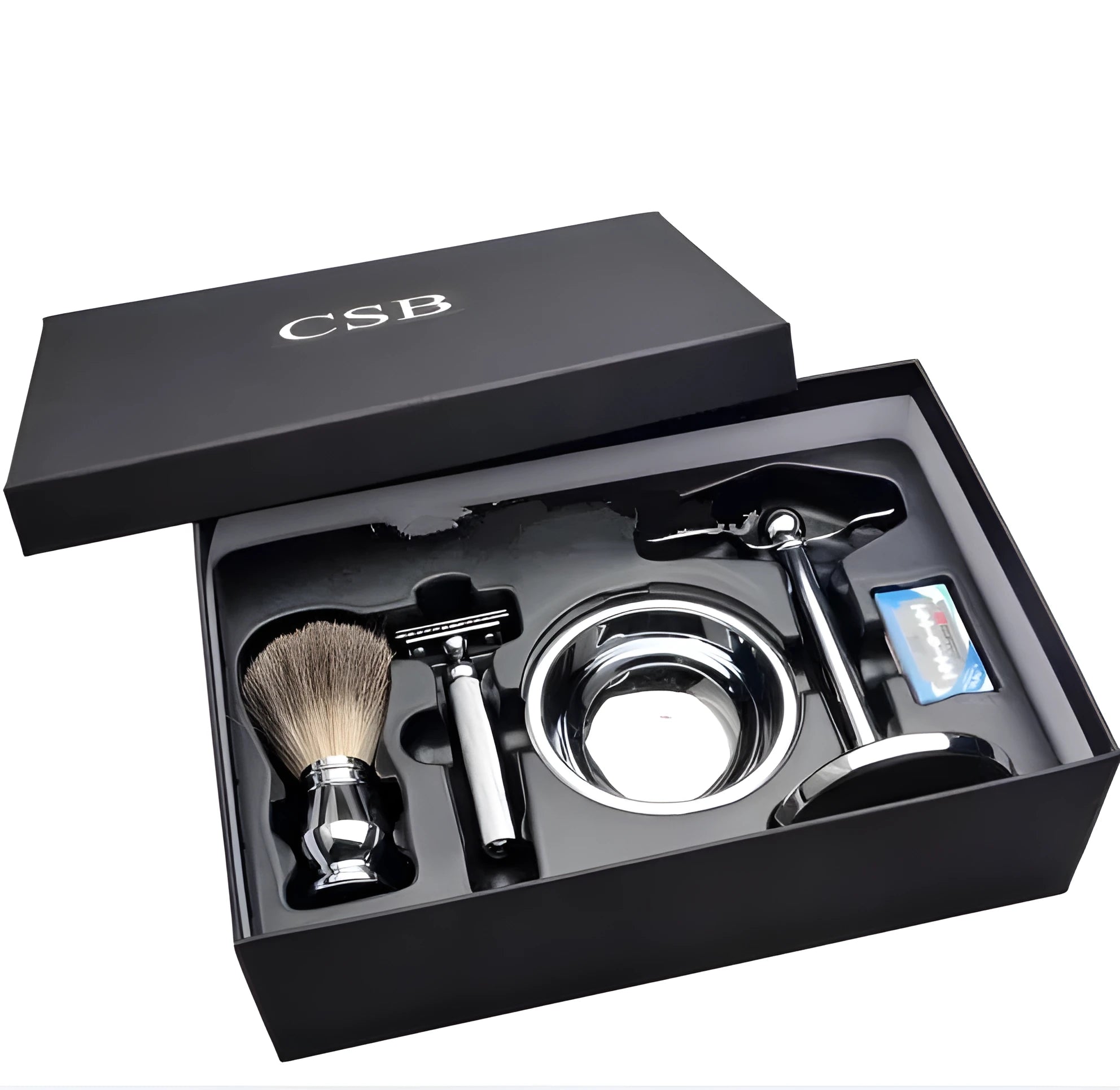 CSB men's shaving set with badger hair brush, chrome razor stand, and zinc alloy soap bowl in black gift box.
