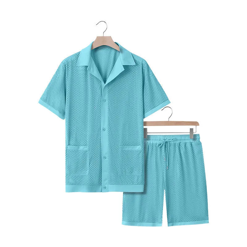 Women's two-piece beach cover-up shorts suit with short sleeves in lake blue colour