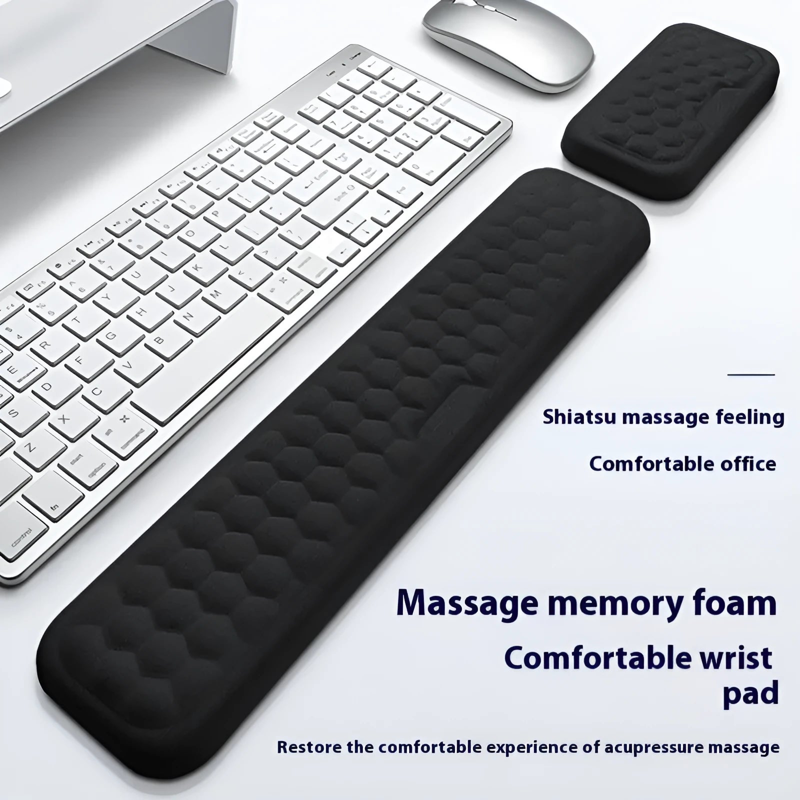 Grey and black memory foam mouse wrist pads with silicone bases, shown in cloth and leather cover options.