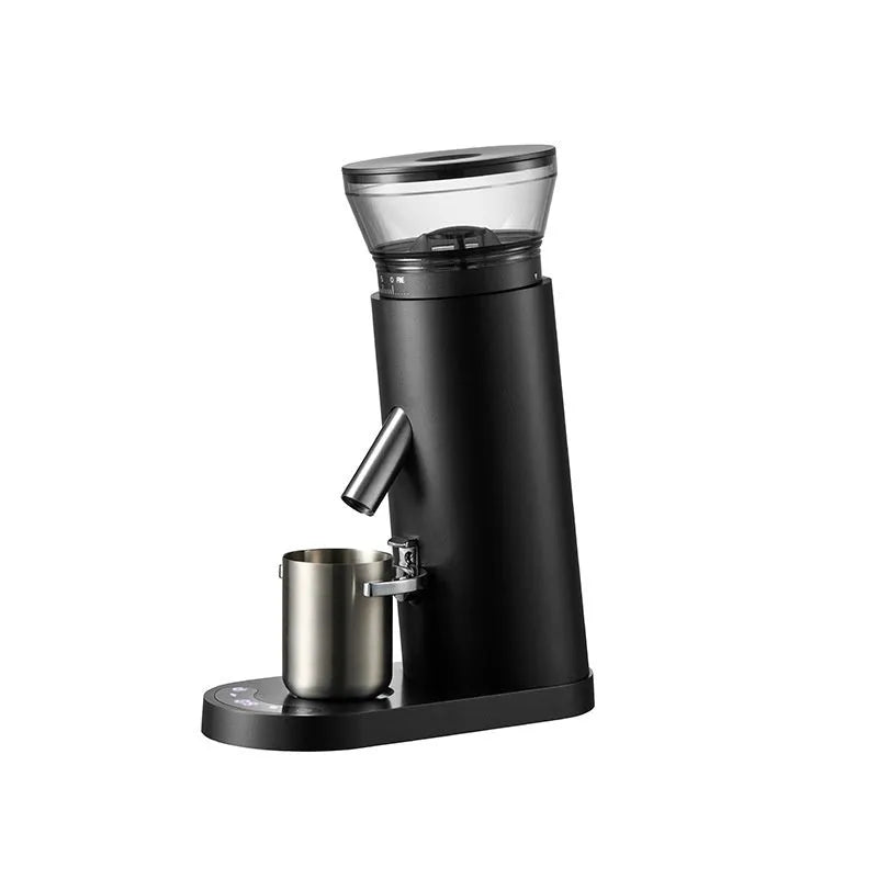 Portable electric coffee grinder with stainless steel body in beige or black colour options