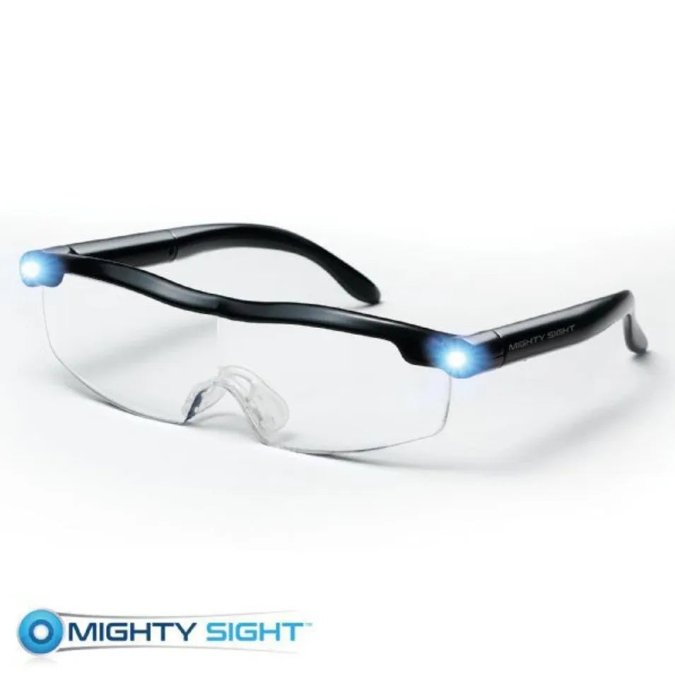 Transparent black USB LED reading light glasses on a white background.