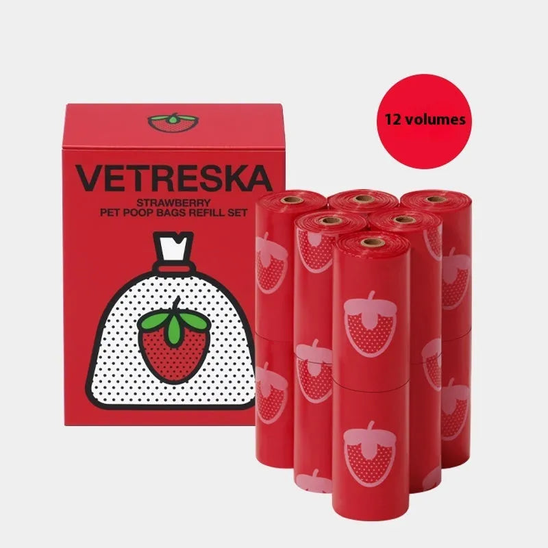 Thickened dog poop bag dispenser capsule with scented inner bag roll in strawberry, orange or cherry blossom styles