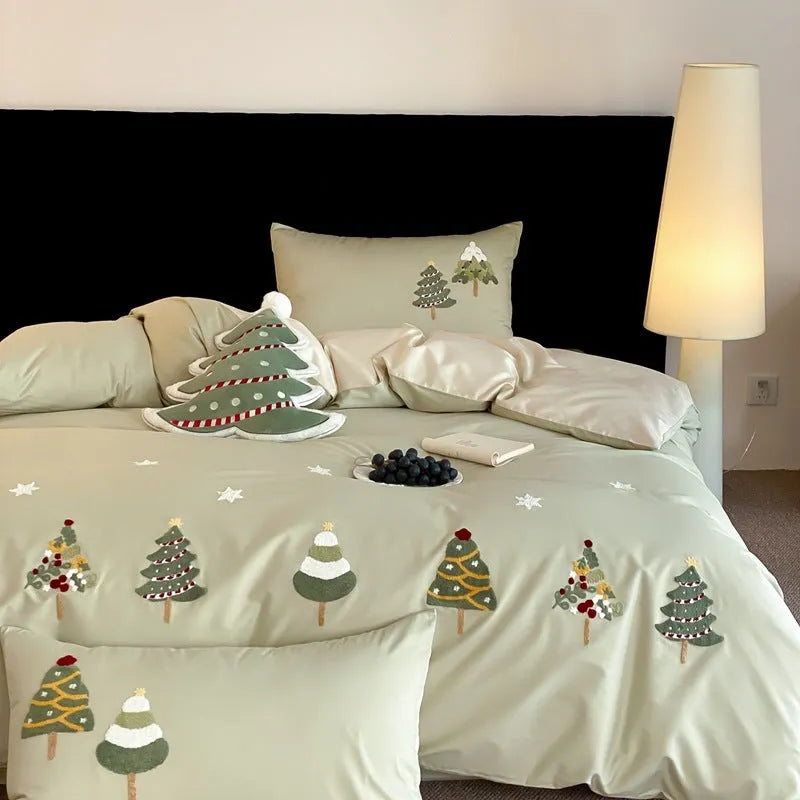 Pure cotton bedding set with embroidered Christmas tree design in plants pattern