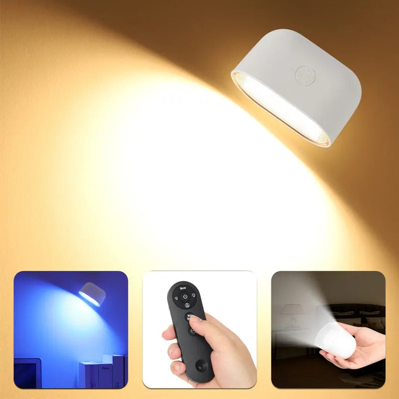 Oval white magnetic wall lamp with remote control showing colour changing functions