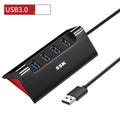 Black USB expansion dock with four ports and multiple cable length options for computer connectivity