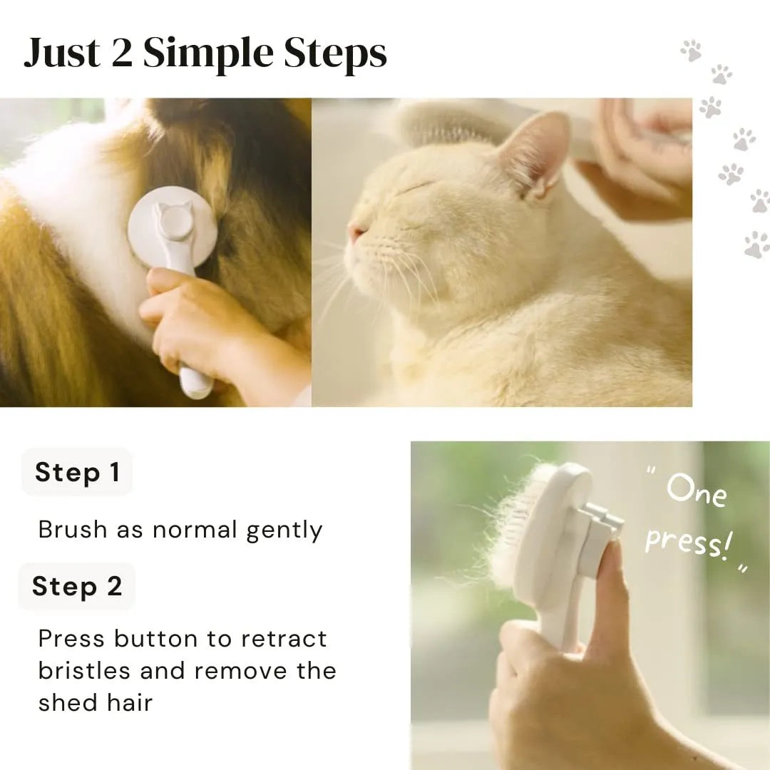 Blue self-cleaning slicker brush for dogs and cats on a white background, showing ergonomic rubber handle.