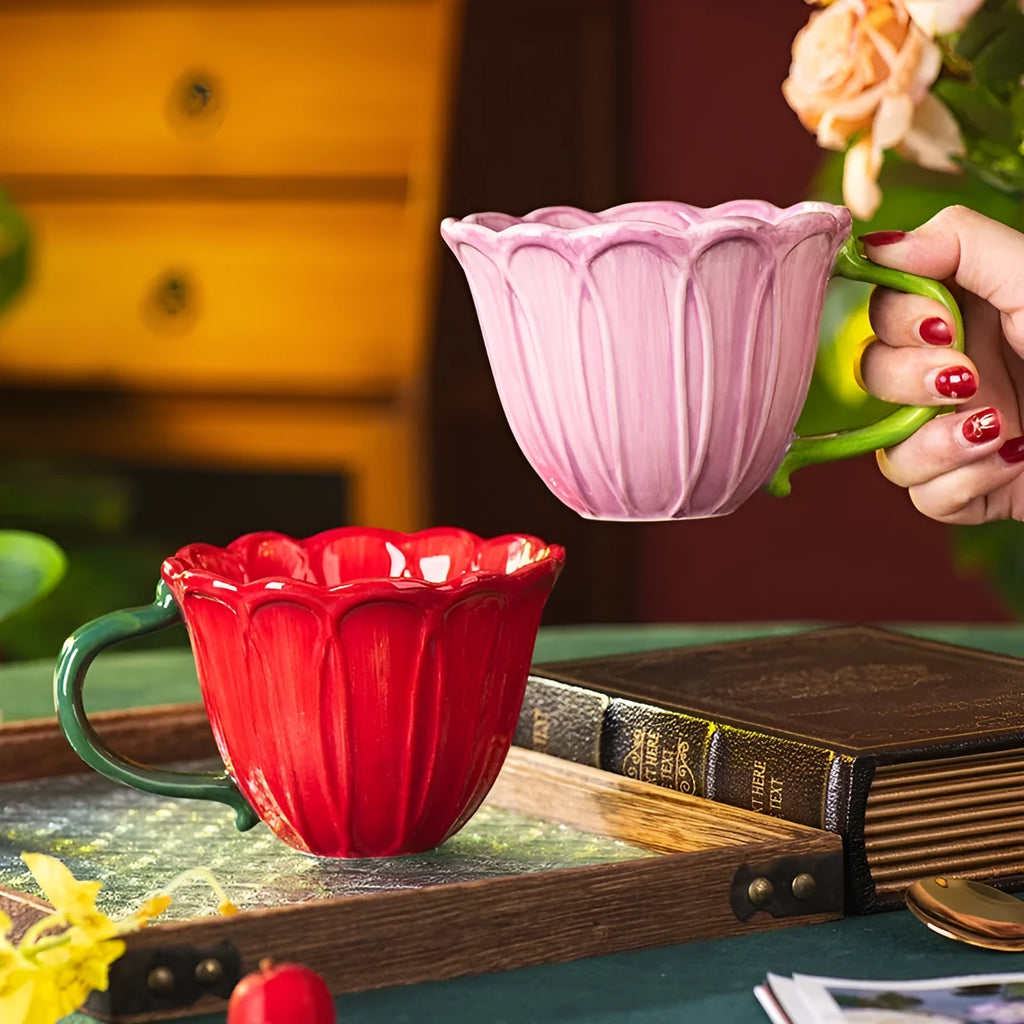 Red and purple ceramic breakfast cups with floral pastoral patterns, 500ml capacity.