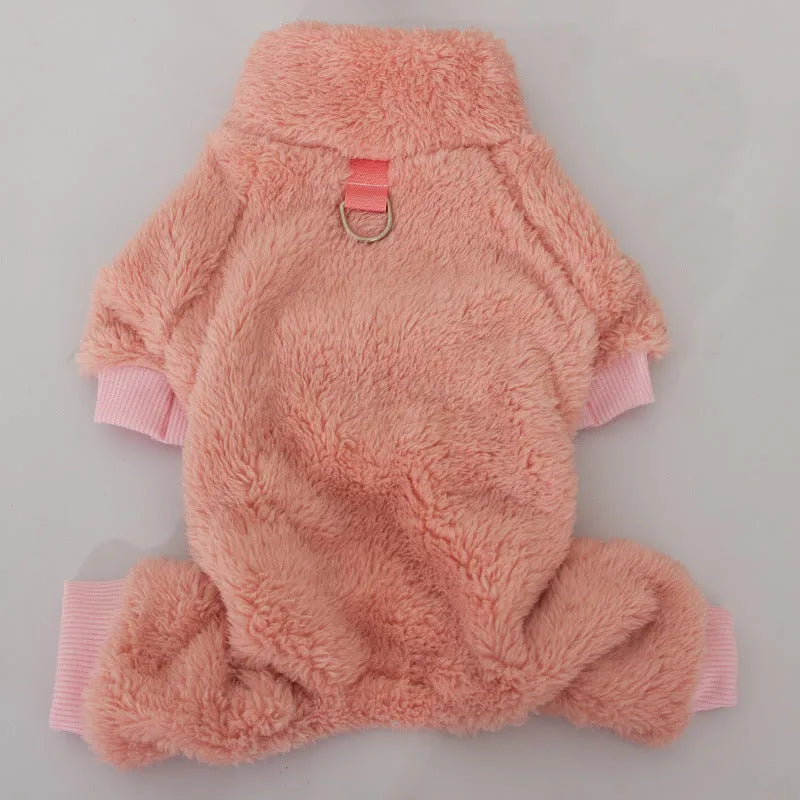 Double-sided thick plush dog coat with high collar in blue colour showing four-legged design and towing ring