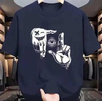 Men's cartoon print t-shirt in bird eye cloth showing round neck and short sleeve design