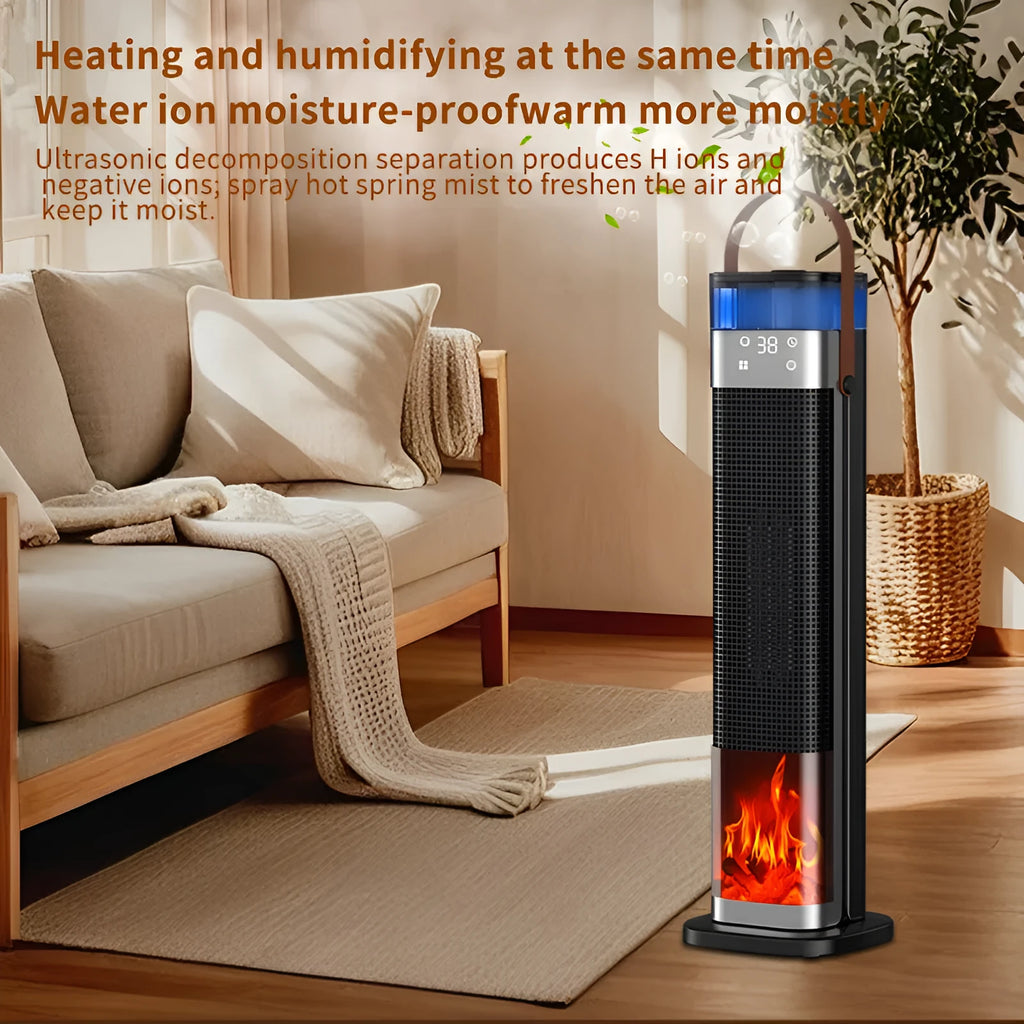 Vertical tower heater with humidification function and remote control, white casing.