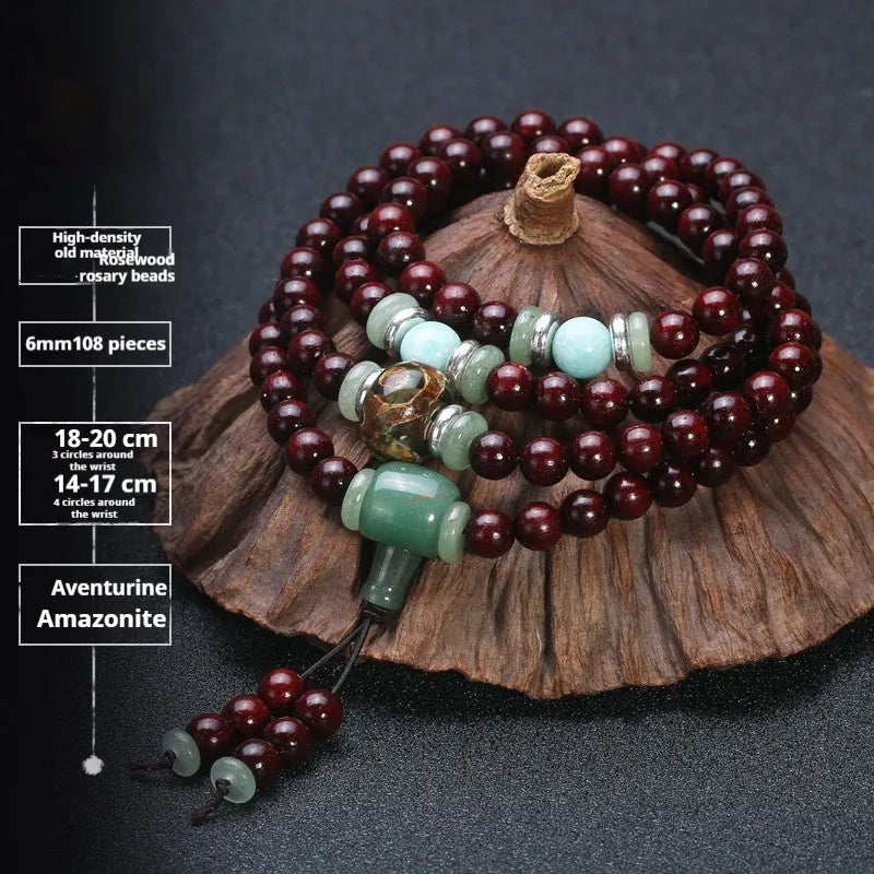 Men's traditional rosewood bracelet with 108 beads, showing lapis lazuli and turquoise accent styles.