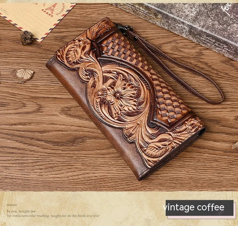 Chinese style brown leather tri-fold wallet with a floral embossed pattern, shown open to reveal compartments.