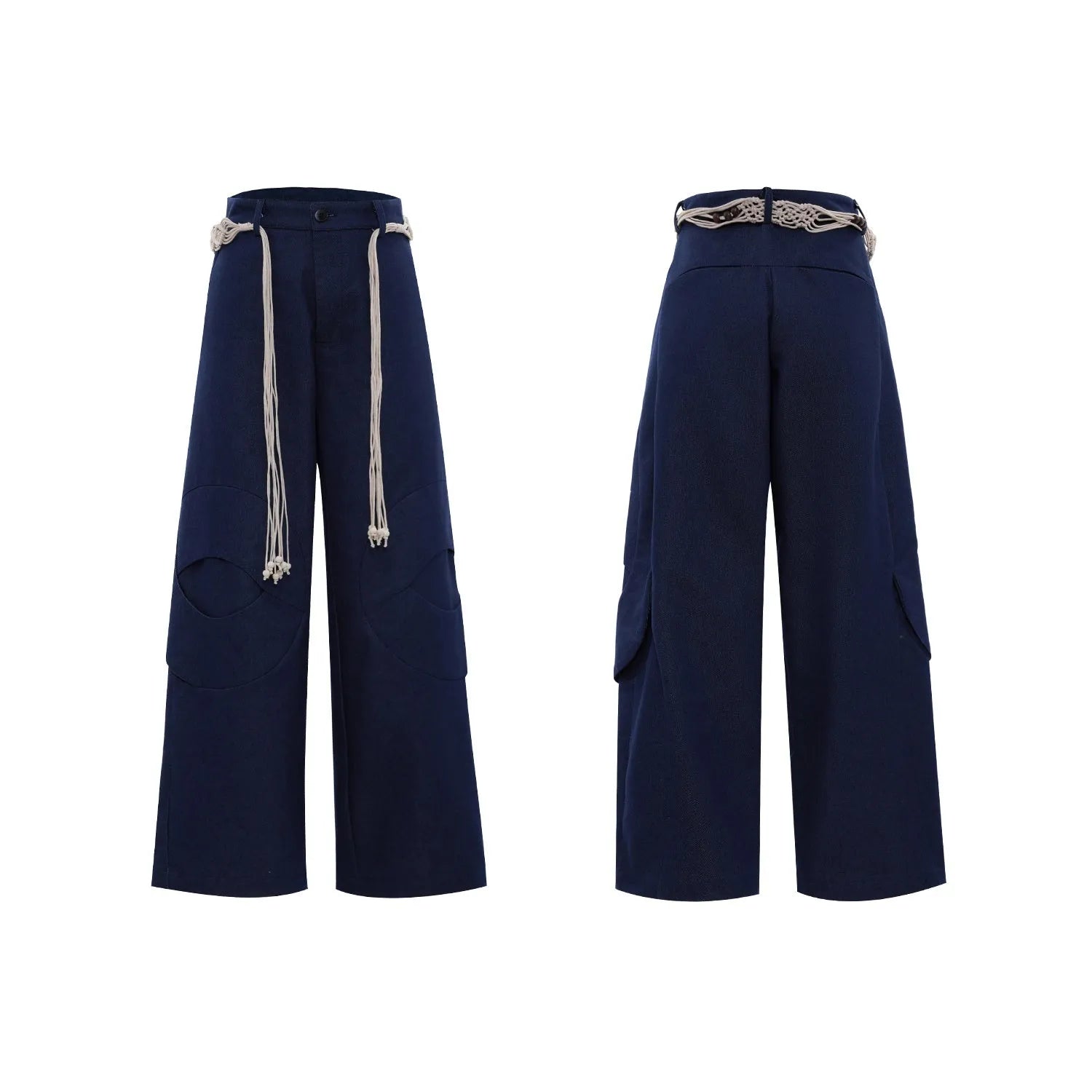 Men's dark wash straight-leg jeans with 3D cutting, zip decorations, and tassel details