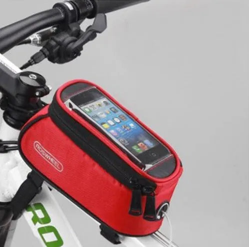 ROSWHEEL PVC bicycle frame phone bag in black mounted on bike frame showing iPhone compatibility