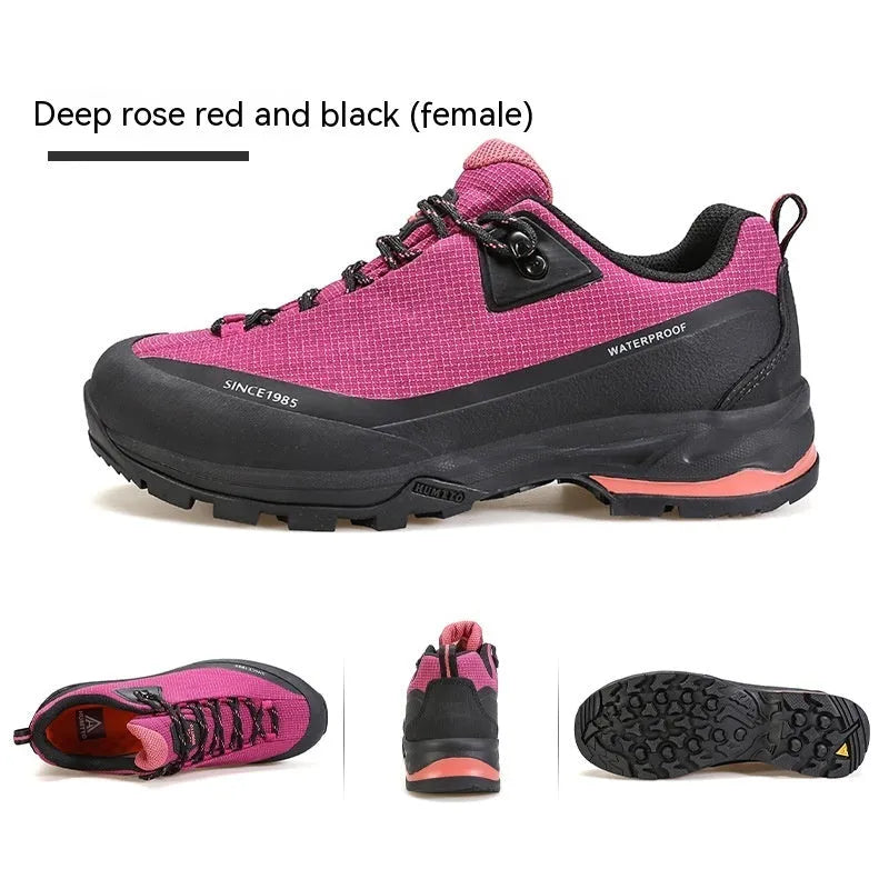 Men's low-top mountain climbing shoes with leather mesh upper and non-slip rubber outsole in black colour