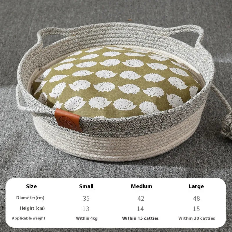 Grey woven cloth cat nest mat with cotton string stitching shown in a cat bed
