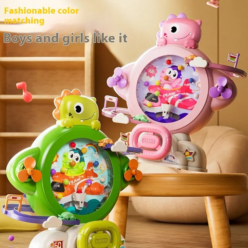 Children's dinosaur bean machine toy with 15 beads and 2 cars in green plastic for indoor play