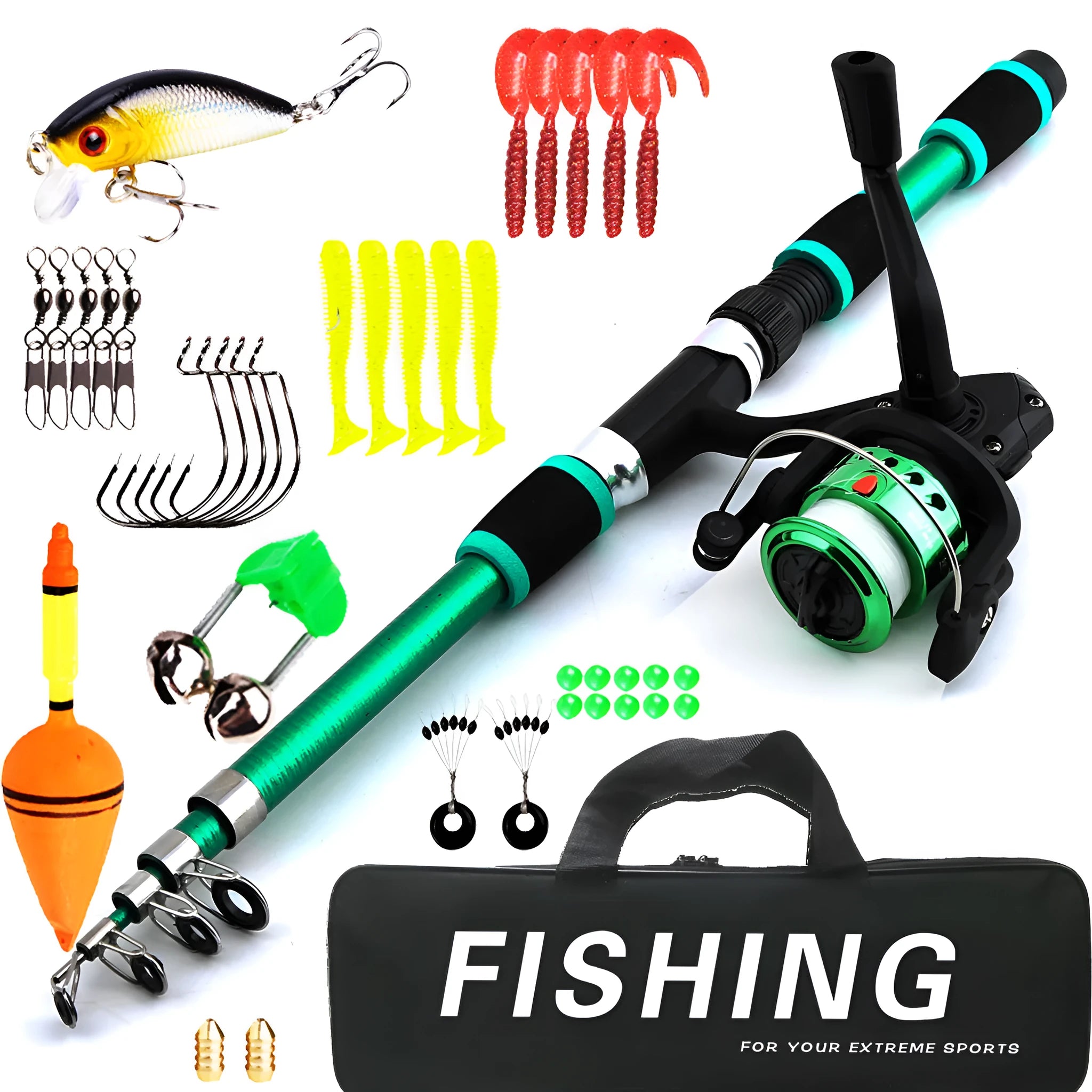 Novice children's fishing rod with pole and wheel suit in blue, green, red or yellow colour options