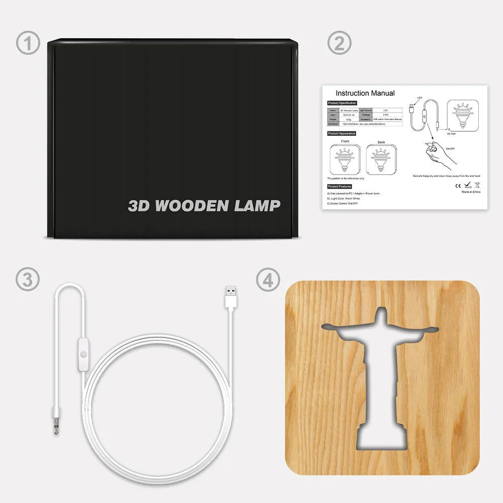 Solid wood hollow night lamp with warm white LED light on a surface.